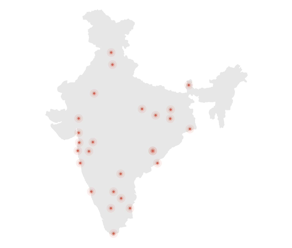 Map of India with DNY city presence markers